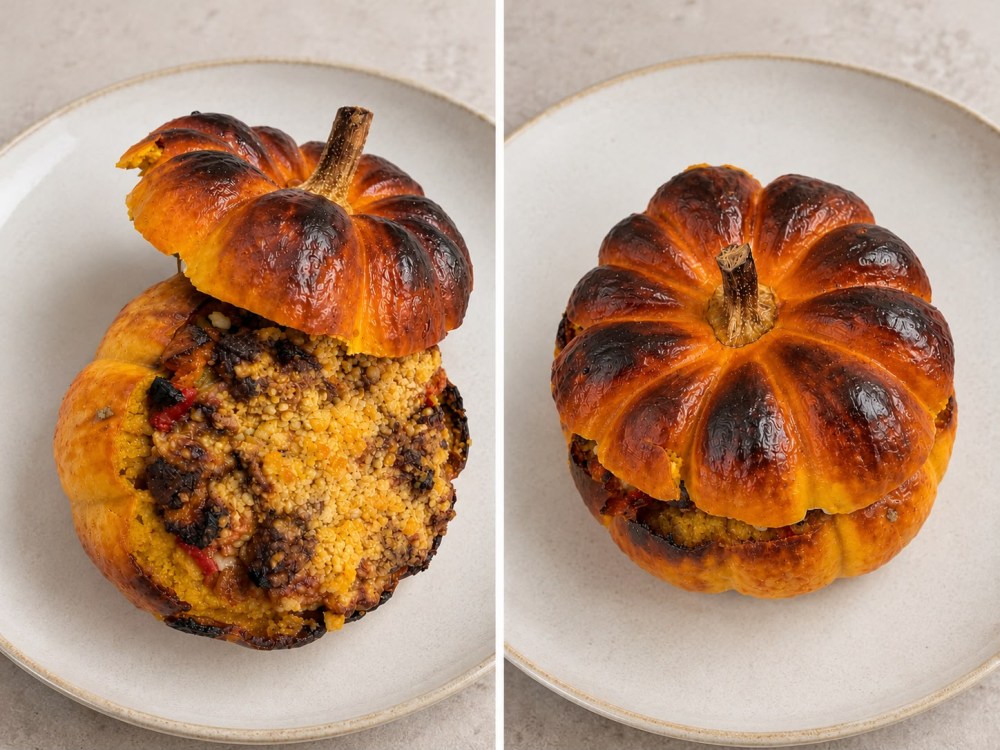 Calabaza horneada rellena, con tapa, mostrando el interior con relleno dorado y crujiente.
